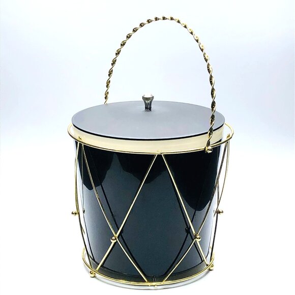 Vintage 60s THERMOS Drum Ice Bucket: Black Insulated Container - Gold Tone Caddy - Picture 1 of 16